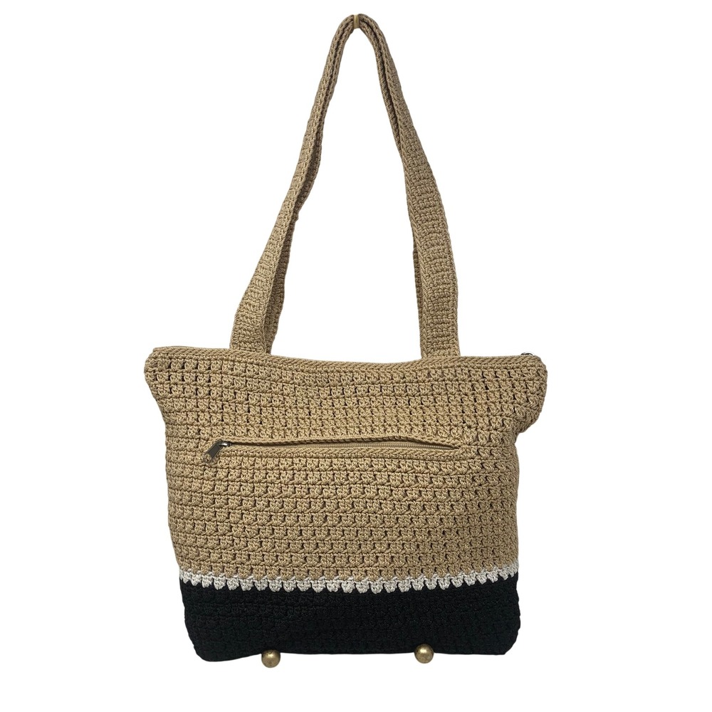 The Sak Tote Bag Tan Black White Crochet Woven Boho Shoulder Purse